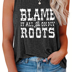  Casual Tank Top Women's Plus Slogan Print Round Neck Stretch Tank Top