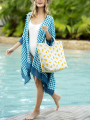  Gingham Print Pompom Trim Bat Sleeve Cover Up