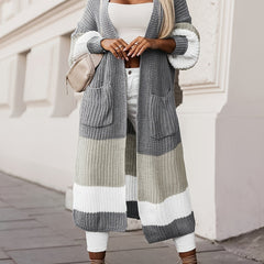 Women's Plus Colorblock Chunky Lantern Sleeve Open Front Longline Knit Cardigan