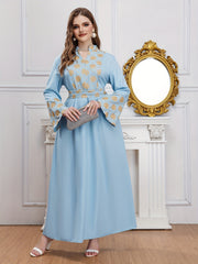  Abaya Dress Women's Plus Golden Floral Print Bell Sleeve Stand Collar
