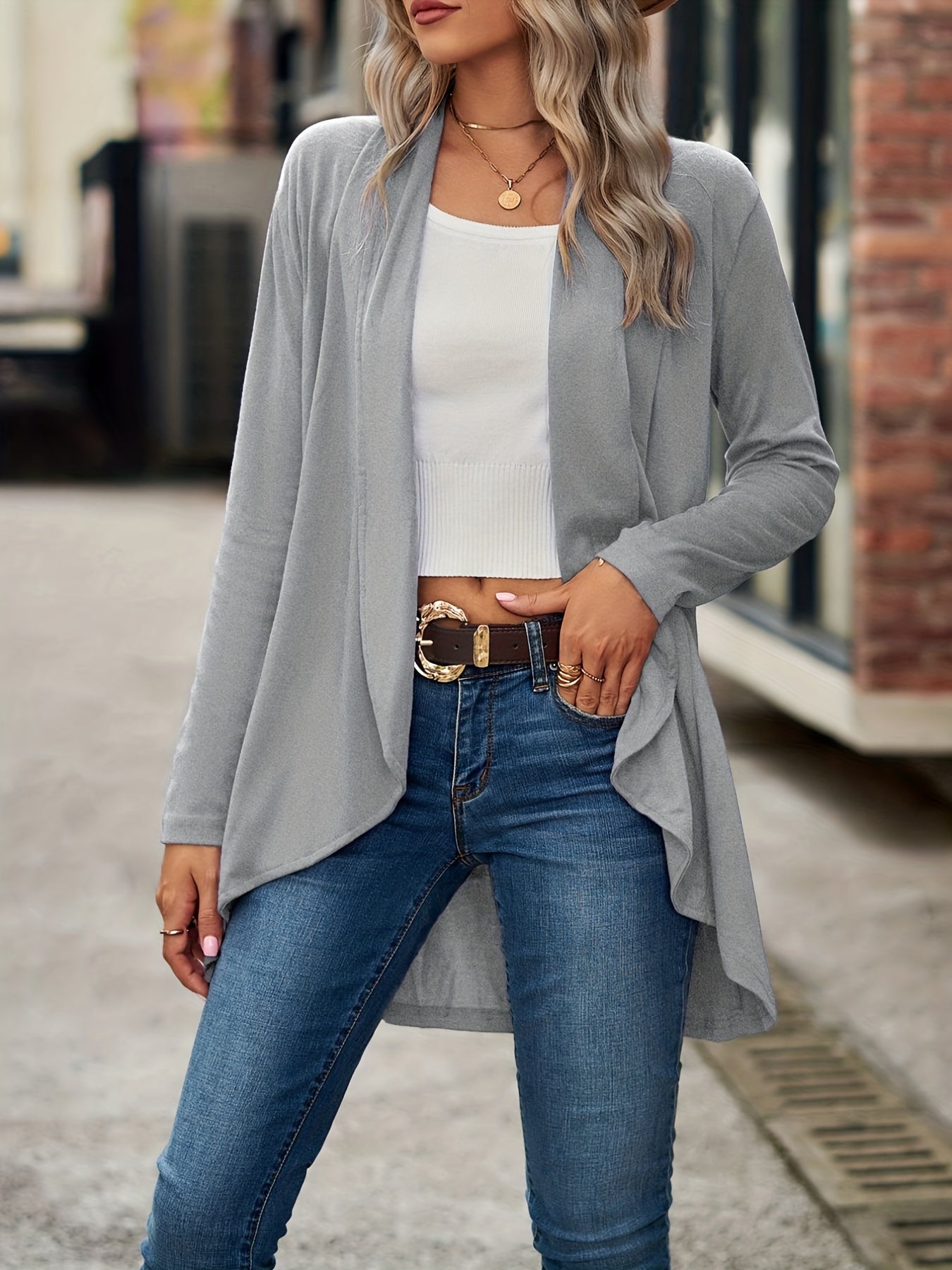  Solid Open Front Cardigan