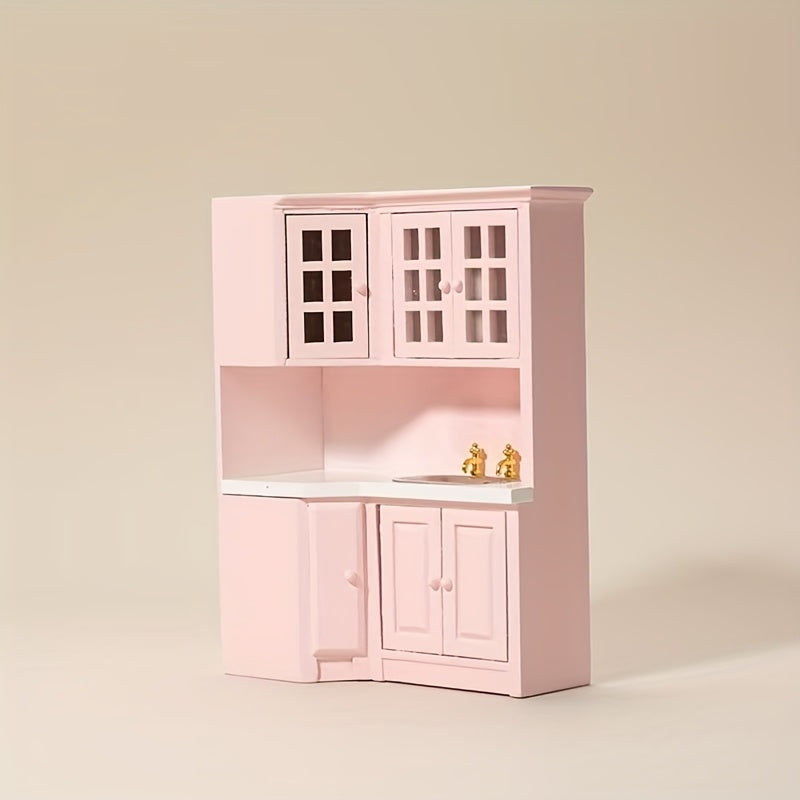 1:12 Scale Pink Dollhouse Kitchen Set with Cabinets, Sink, and Countertop Combo