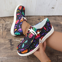 Women's Halloween Bat & Pumpkin Print Shoes Lace Up Canvas Low Top Sneakers