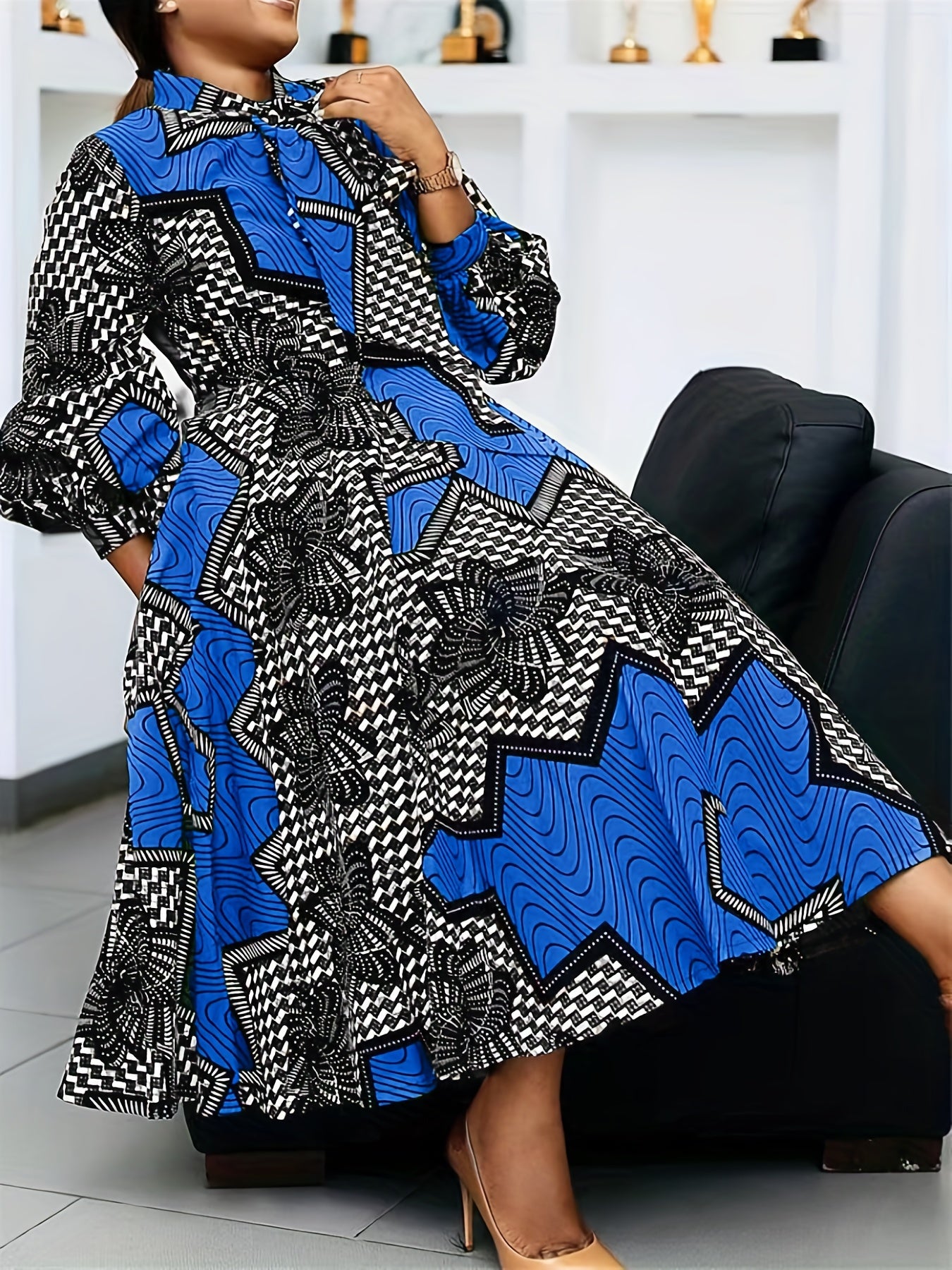  Colorblock Geometric Print Lantern Sleeve Midi Dress