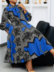  Colorblock Geometric Print Lantern Sleeve Midi Dress