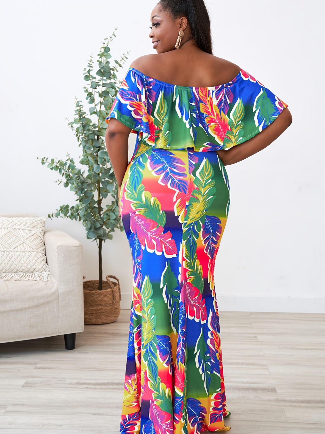  Colorblock Leaf Print Off Shoulder Maxi Dress
