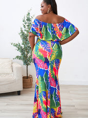  Colorblock Leaf Print Off Shoulder Maxi Dress