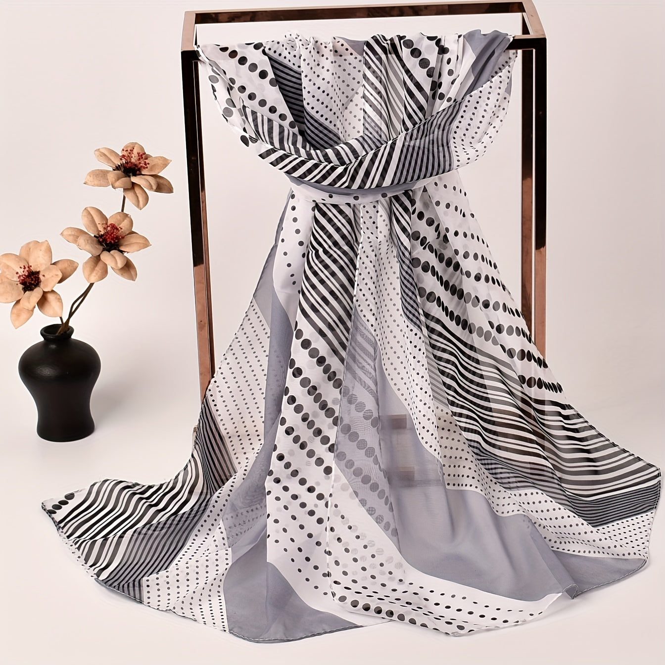 Thin Chiffon Scarf Polka Dot Stripe Print Block Shawl Casual Head Wrap