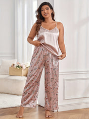  Satin Cami Top & Floral Print Pants Pajama Set