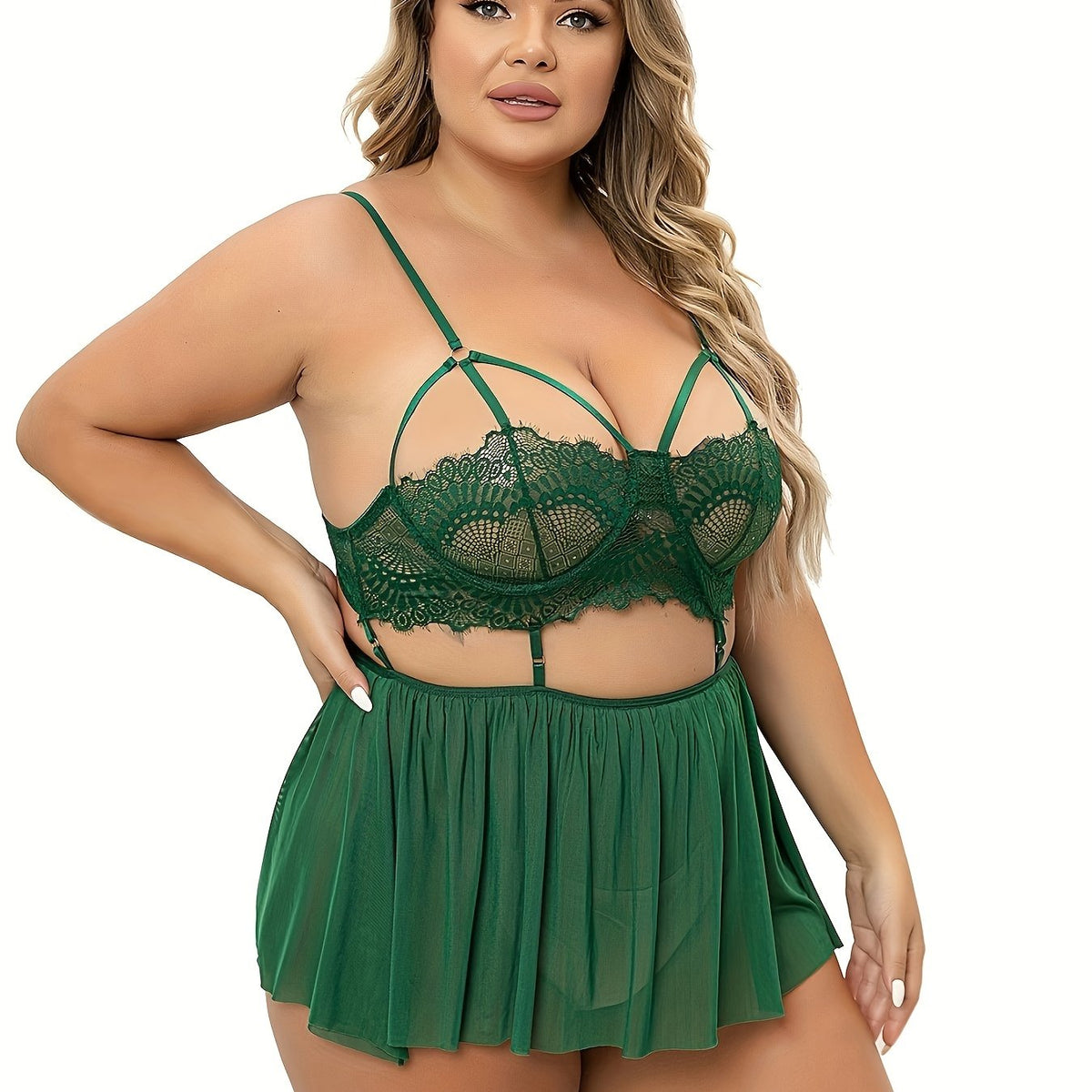  Sexy Dress Women's Plus Solid Pleated Floral Lace Cami Babydoll Dress