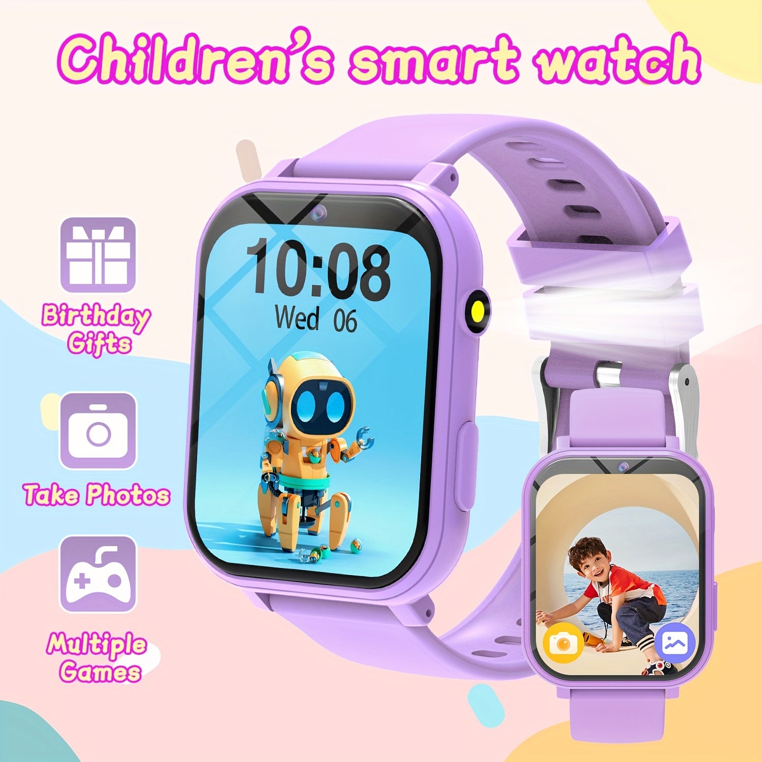 Kids Game Smartwatch for Teens Step Counter Front Camera Flashlight