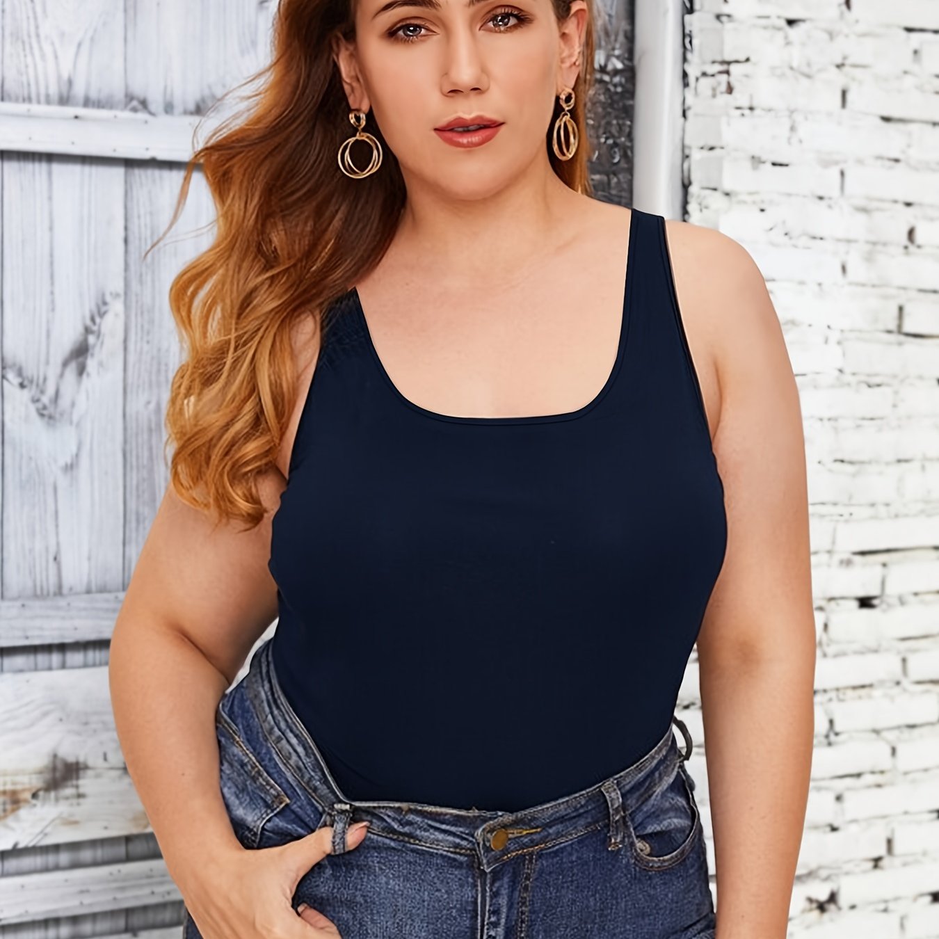  Solid Square Neck Stretch Tank Top