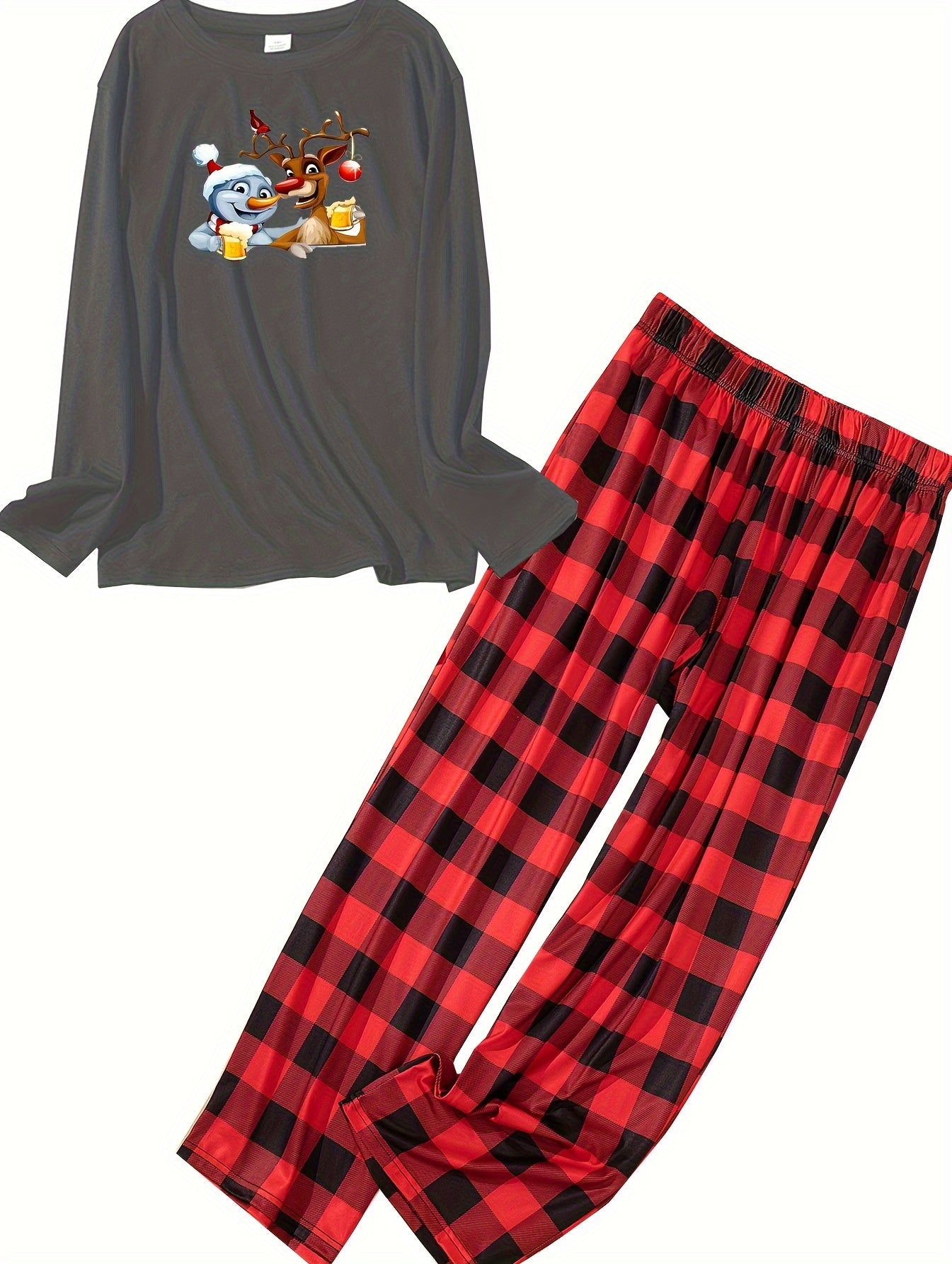  Christmas Lounge Set Snowman & Elk Print Long Sleeve Tee & Plaid Pants