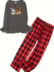  Christmas Lounge Set Snowman & Elk Print Long Sleeve Tee & Plaid Pants