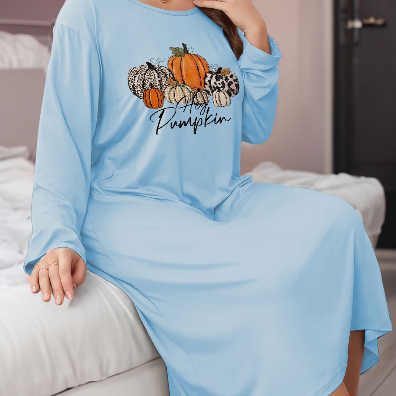  Pumpkin & Letter Print Long Sleeve Tee Dress