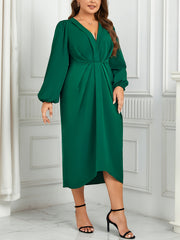  Solid Lantern Sleeve V Neck Maxi Dress