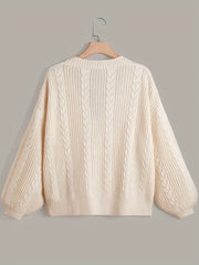  Solid Cable Button Up Lantern Sleeve Cardigan