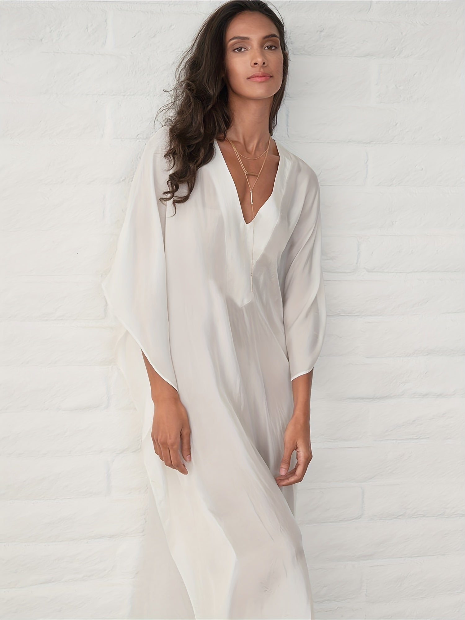  Solid Bat Sleeve V Neck Maxi Cover Up Dress