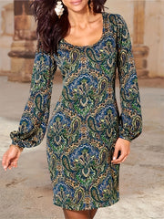  Boho Dress Women's Paisley Floral Print Lantern Sleeve Midi Dress