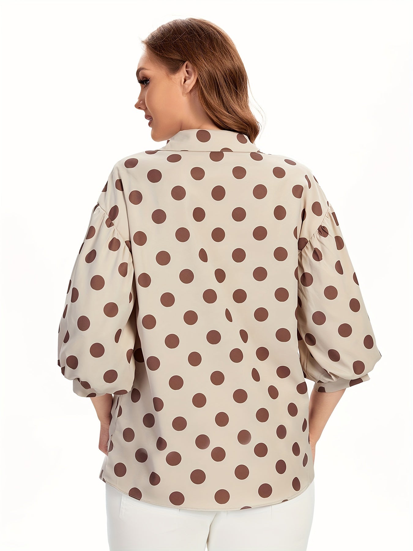  Dot Print Button Up Lantern Sleeve Blouse