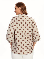  Dot Print Button Up Lantern Sleeve Blouse