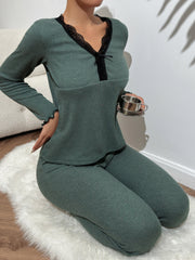 Lace Trim Waffle Pajama Set Long Sleeve V Neck Top & Elastic Waistband Pants