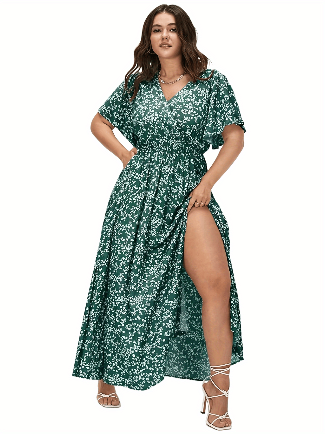  Boho Dress Floral Print Maxi Ruffle Sleeve Split