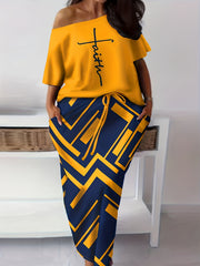  Women's Casual Two Piece Set Letter Print Top & Maxi Skirt