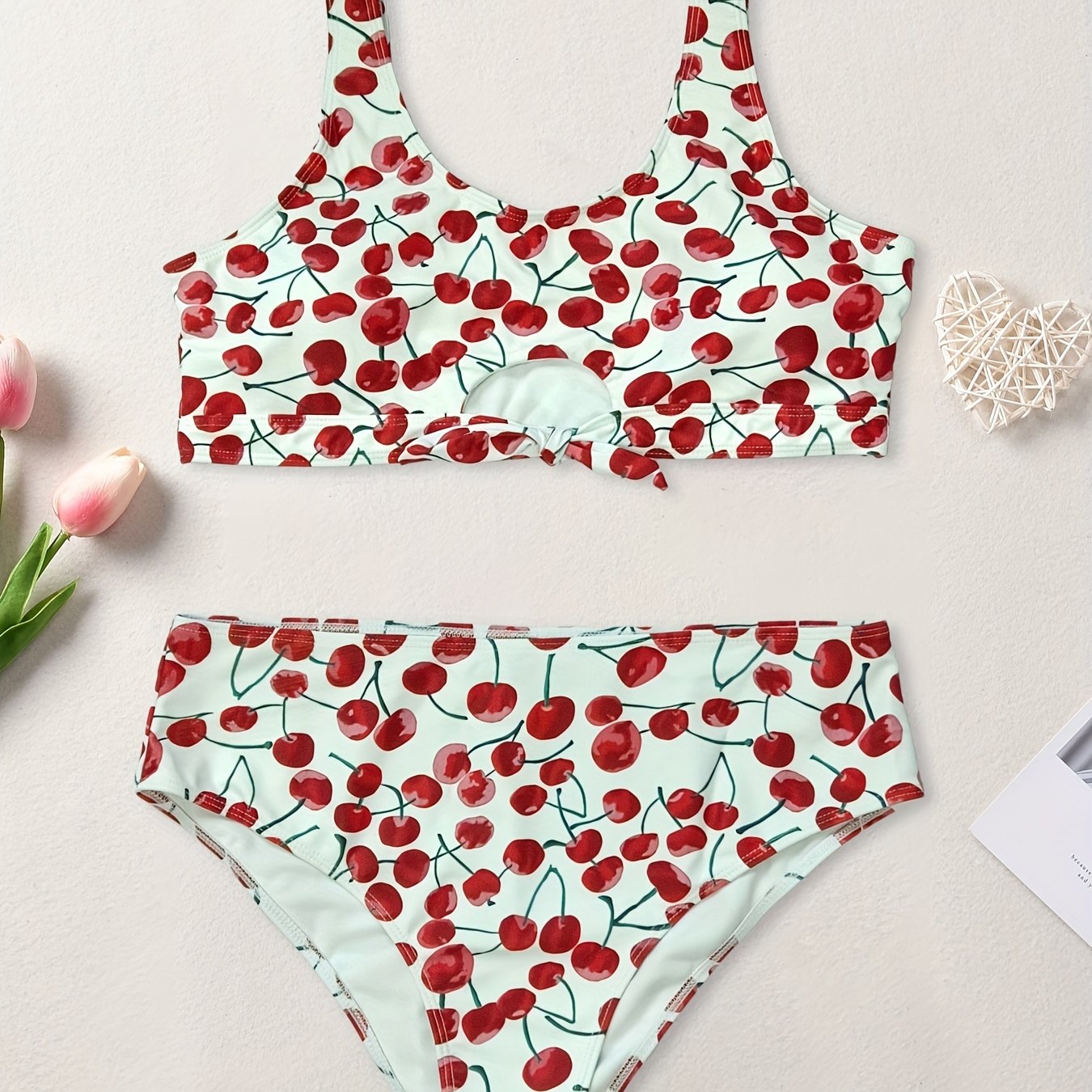  Cherry Print Cut Out Two Piece Swimsuit Set