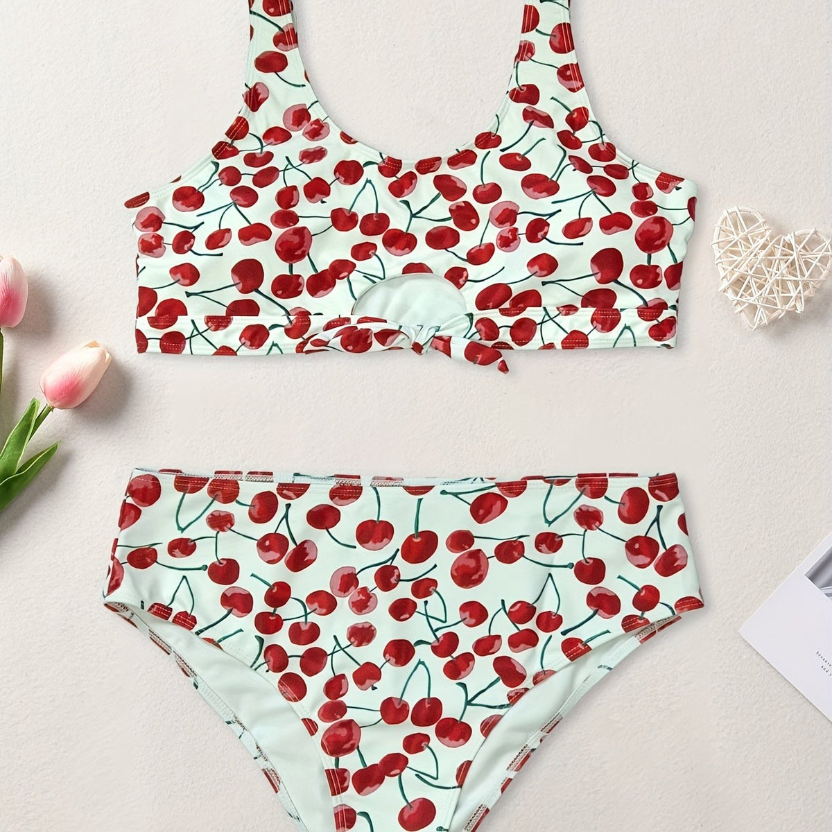  Cherry Print Cut Out Two Piece Swimsuit Set