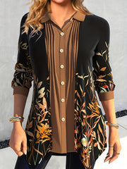  Leaf Print Button Up Long Sleeve Blouse