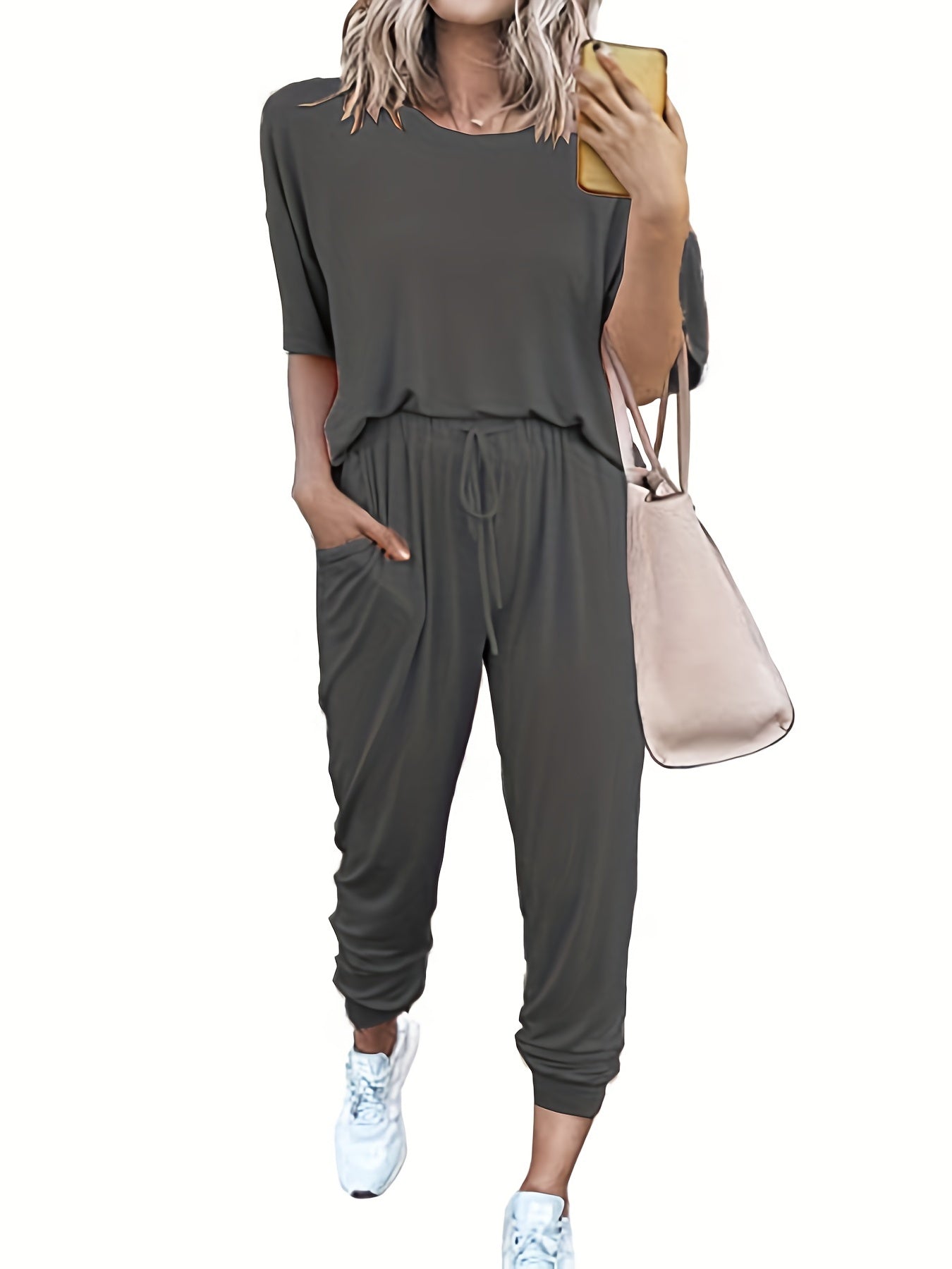 Casual Two-Piece Set Crew Neck Short Sleeve Tops & Drawstring