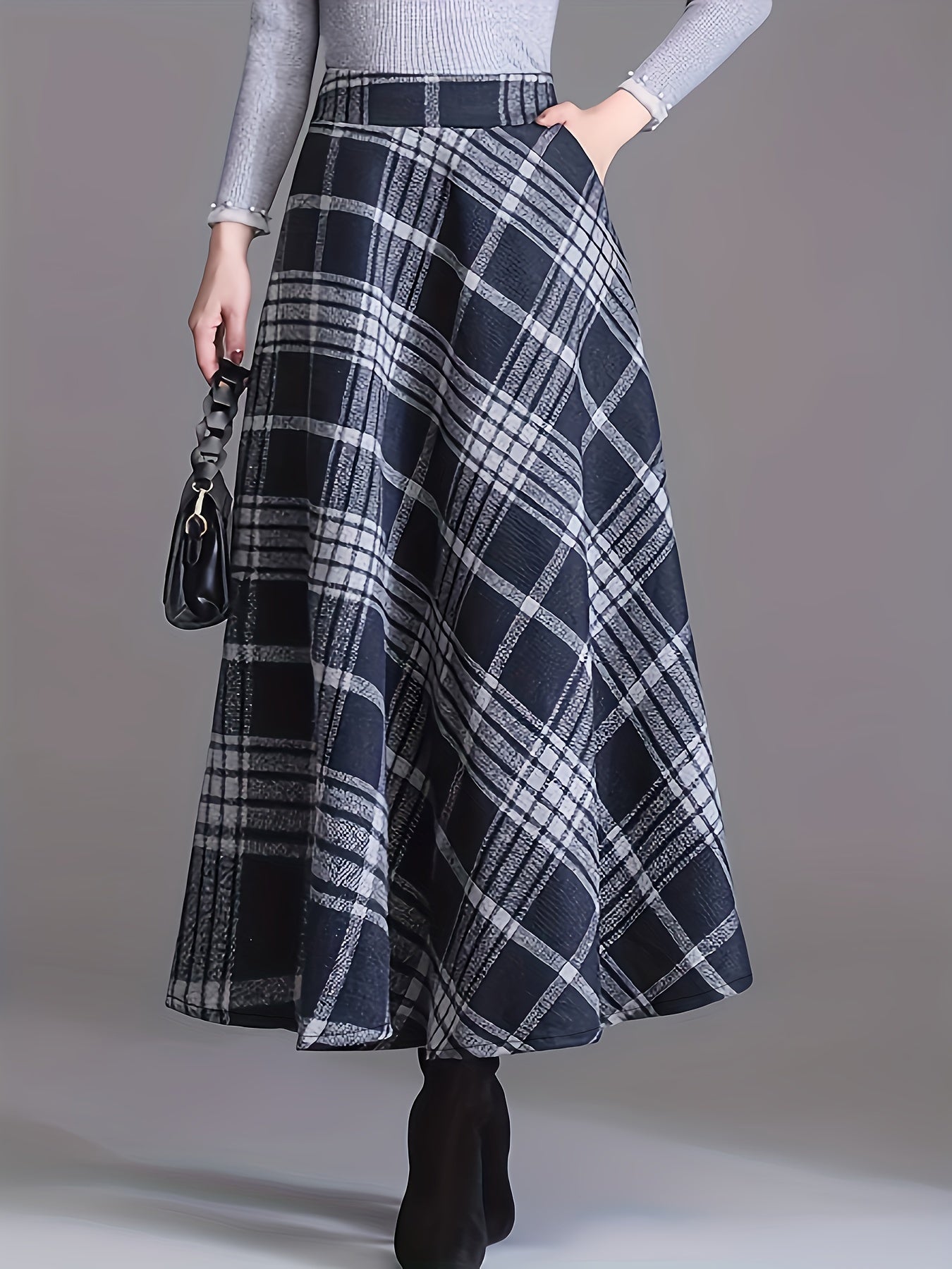  Plaid Print High Rise A line Maxi Skirt