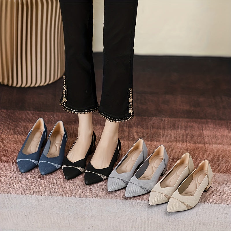 Women's Chunky Heeled Knit Pumps Pointed Toe Slip on High Heels
