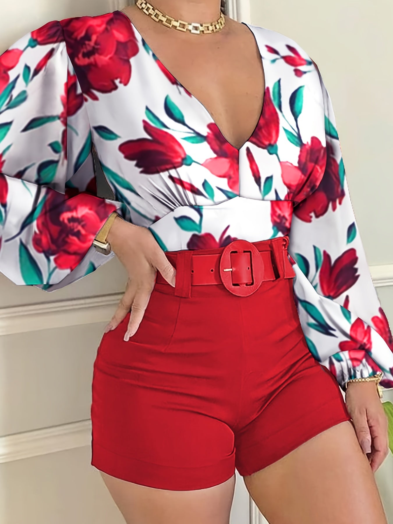 Floral Print Two Piece Set Lantern Sleeve Blouse & Shorts