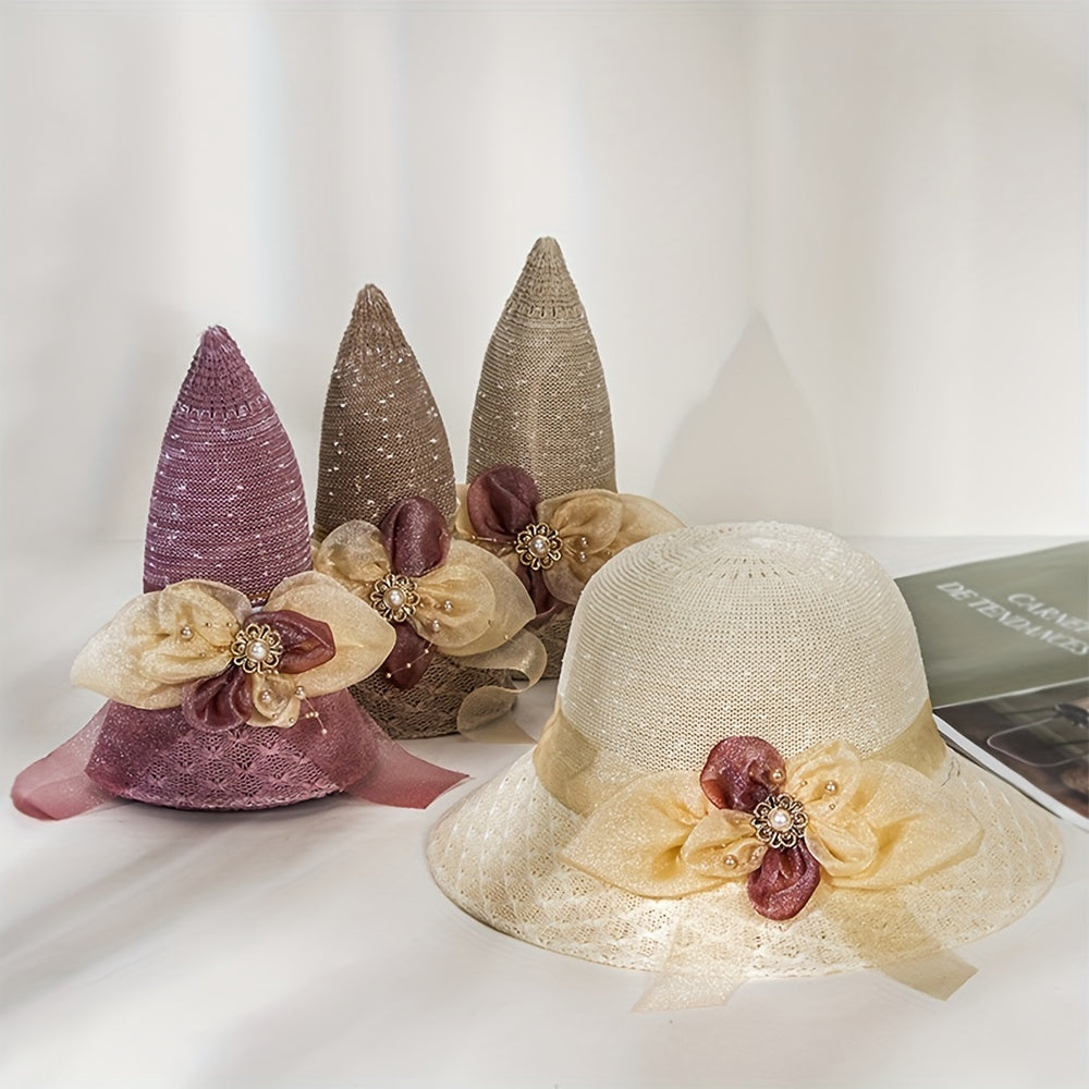 Summer Knitted Breathable Sun Hat Mesh Flower Decor Bucket Hat