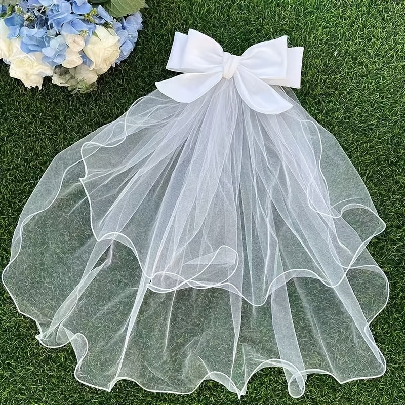 Double Layer Bow Bridal Veil Hair Accessory Romantic Tulle Fabric