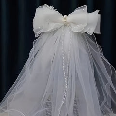Double Layer Bowknot Bridal Veil with Pearls Wave Edge