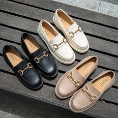 Women's Platform Loafers Slip On Shoes Retro Buckle Decor