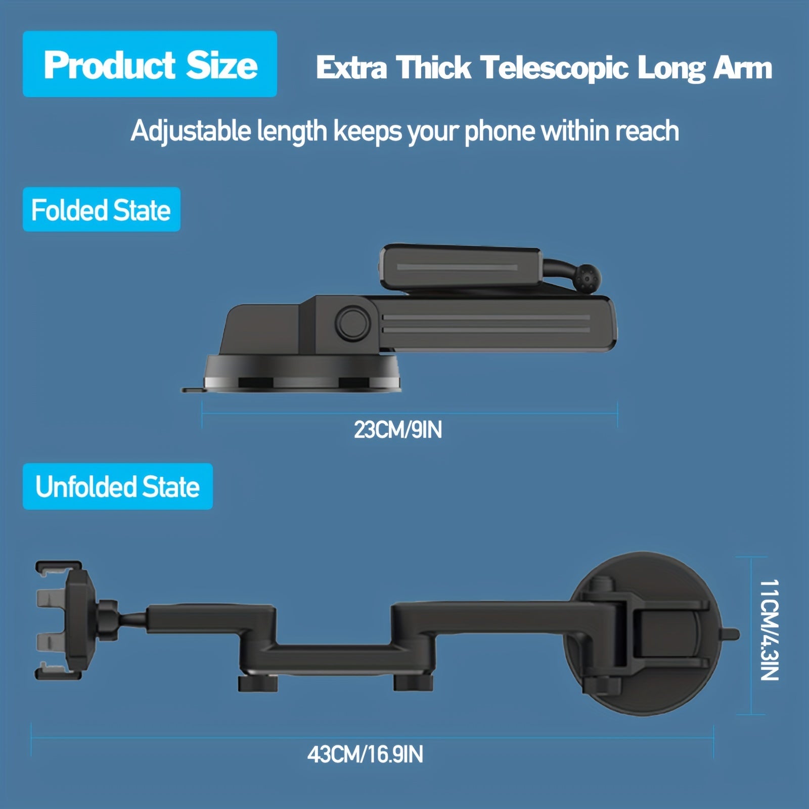 Truck Phone Holder Heavy Duty Phone Mount Long Arm Suction Cup & Stable