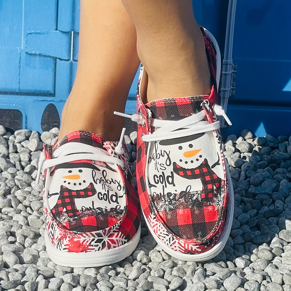 Christmas Women's Casual Flat Red Grid Snowman Print Canvas Shoes