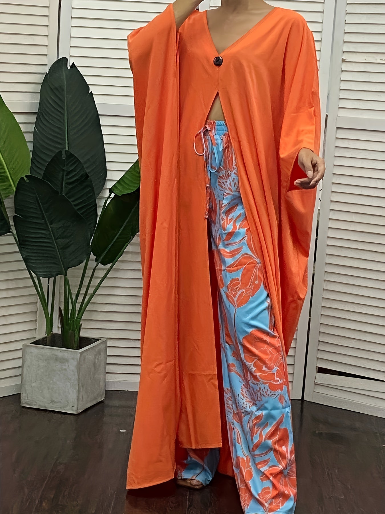 Plus Bat Sleeve V-Neck Top & Floral Pants Set