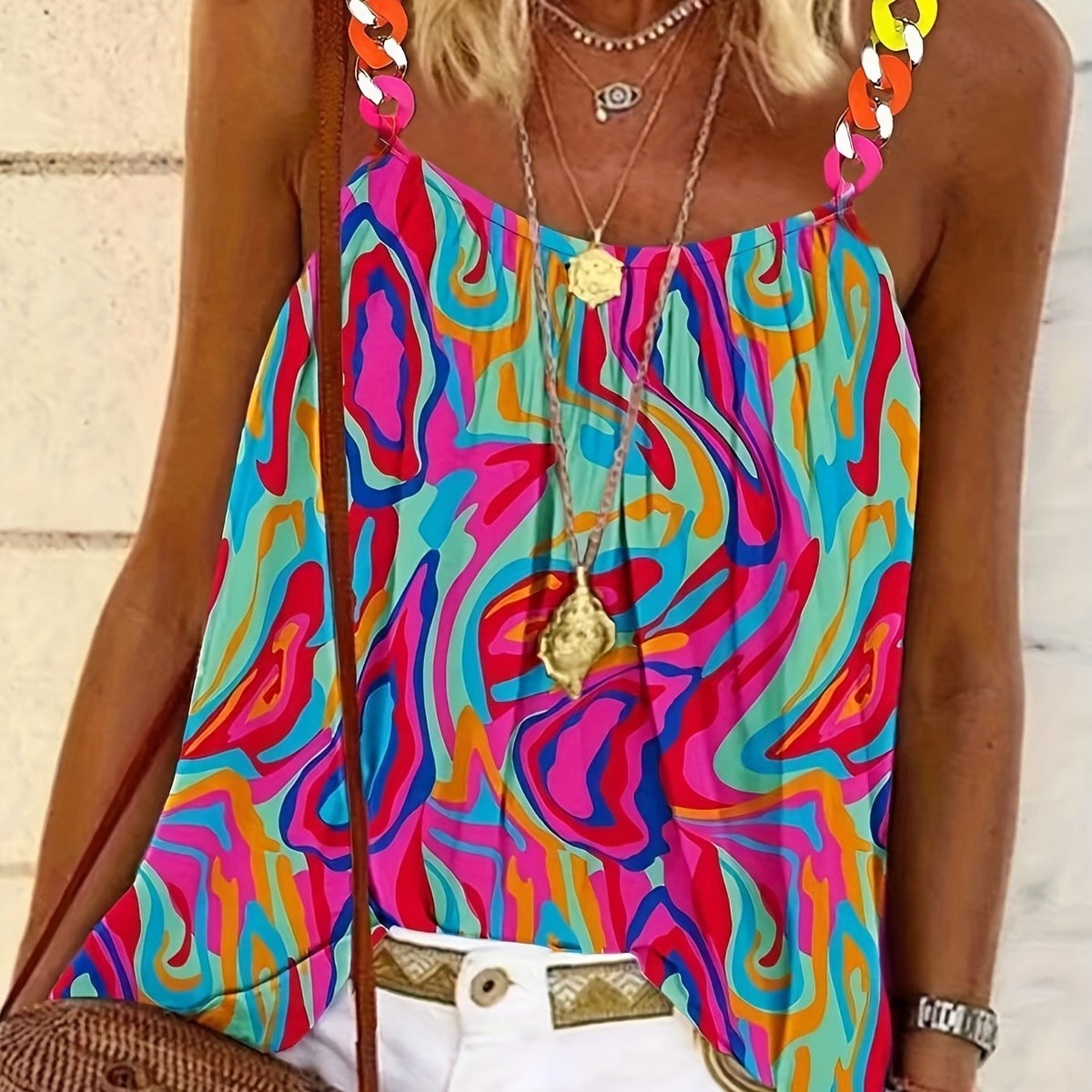 Colorful Graphic Spaghetti Strap Top Chain Stitching Sleeveless Cami