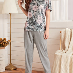 Floral Print Lounge Set Short Sleeve Top & Pants Women's Loungewear