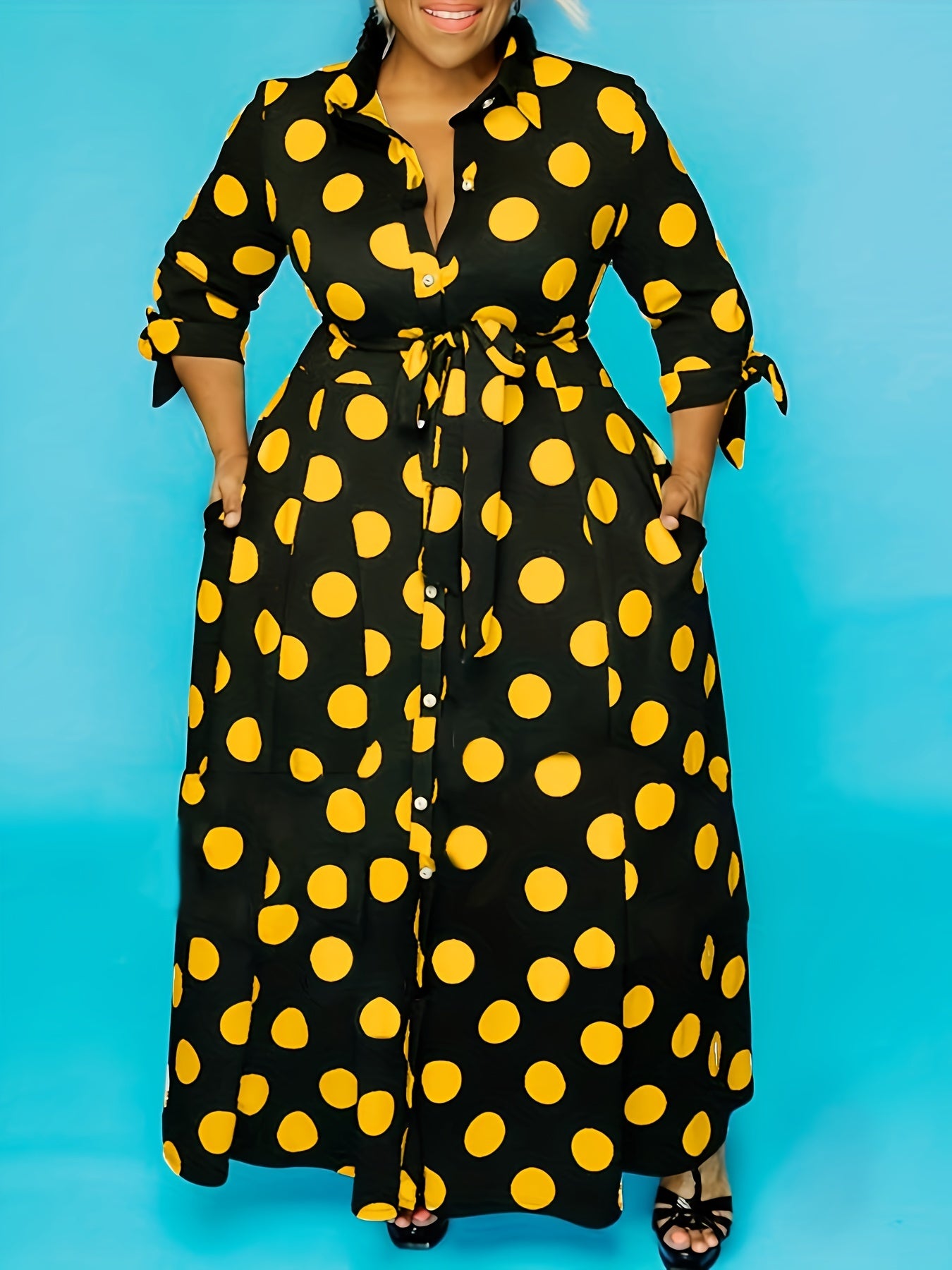 Maxi Dress Women's Plus Polka Dots Print Button Up