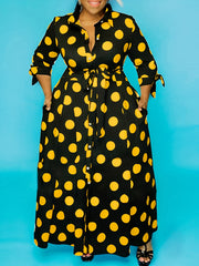 Maxi Dress Women's Plus Polka Dots Print Button Up