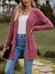  Solid Ribbed Button Up Cardigan with Pockets