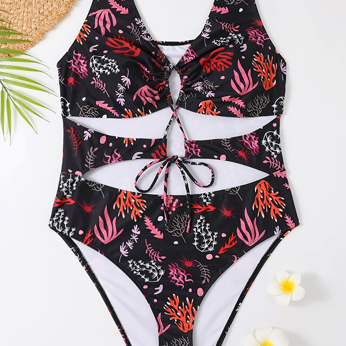  Coral Print Cut Out Drawstring Front One Piece Swimsuit