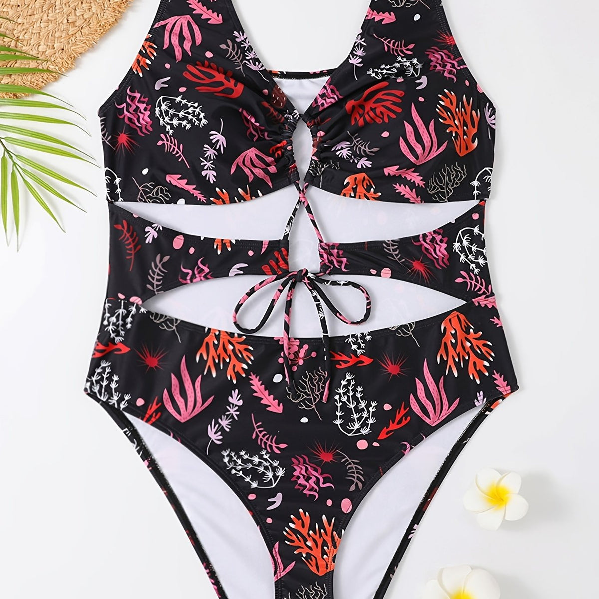  Coral Print Cut Out Drawstring Front One Piece Swimsuit