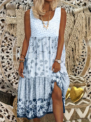  Colorblock Floral Print Round Neck Smock Dress